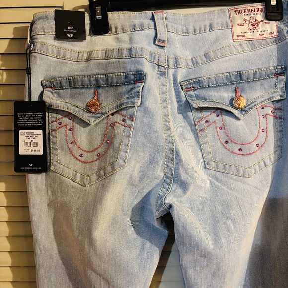 True Religion Joey Flap Pink Back Pocket Stitching with Pink Crystals Size 31 - Picture 6 of 8